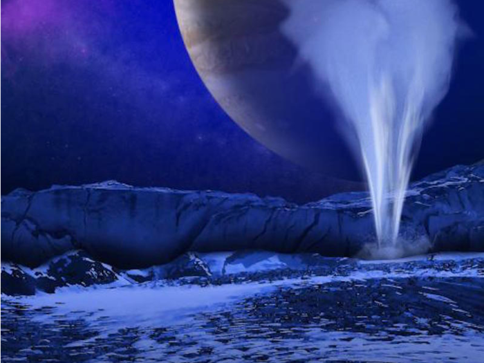 This moon of Jupiter is also home to a giant subsurface ocean and geysers.