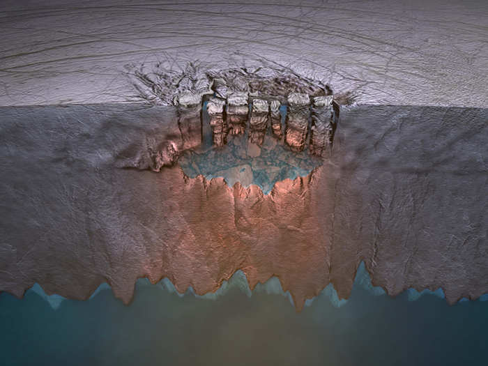 Scientists think the cracks form when plumes of warm ocean water rise to the surface, where they create lakes of liquid water within Europa