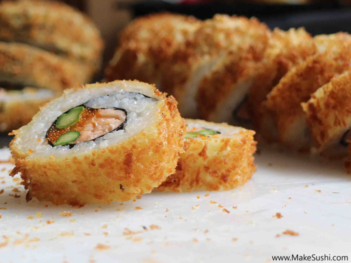 This deep-fried sushi roll is filled with salmon, asparagus, and roe (fish eggs), but more importantly, the whole roll itself is fried.