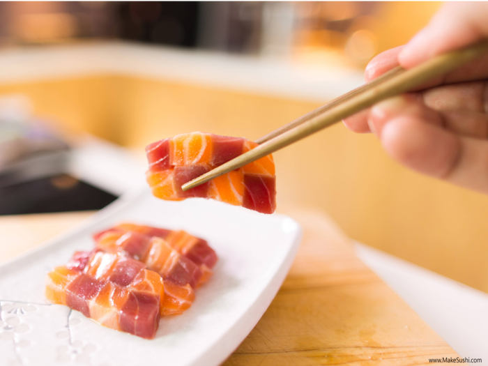 Because sashimi (plain raw fish) can get a little boring, Devaux decided to combine salmon and tuna.