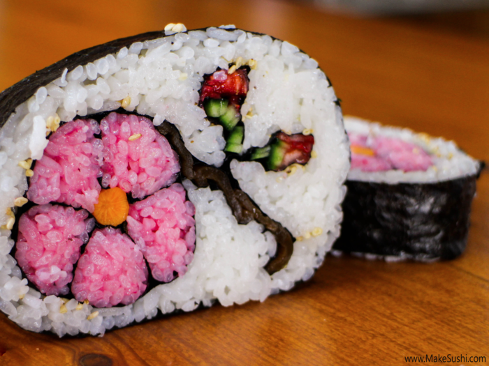 One of the only rolls to include fruit, this flower sushi roll features minced strawberries and rice that