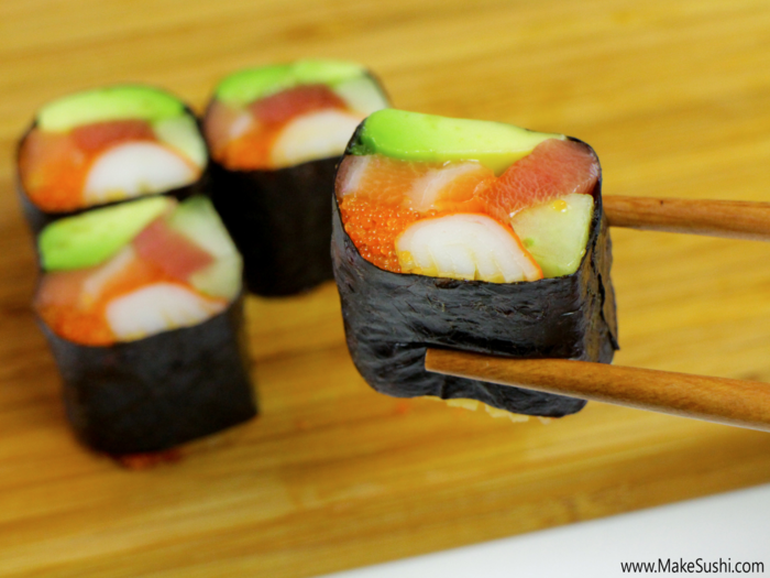 Looking to ditch the carbs? Devaux makes a no rice sushi roll that combines other sushi staples: salmon, tuna, masago, crab, cucumber, and avocado.