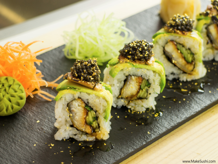 Inspired by a $1,978 sushi roll he saw that was wrapped in 24-karat gold leaf and sprinkled with diamonds, the millionaire sushi roll is equally extravagant. It includes black truffles, caviar, edible gold leaf flakes, unagi (eel), avocado, and cucumber.