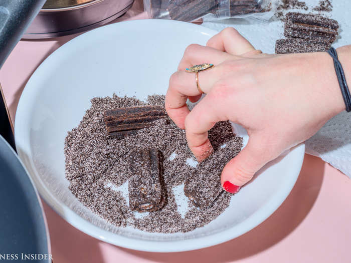 One minute and 15 seconds later, we took them off the stove and rolled them in the provided Oreo sugar.