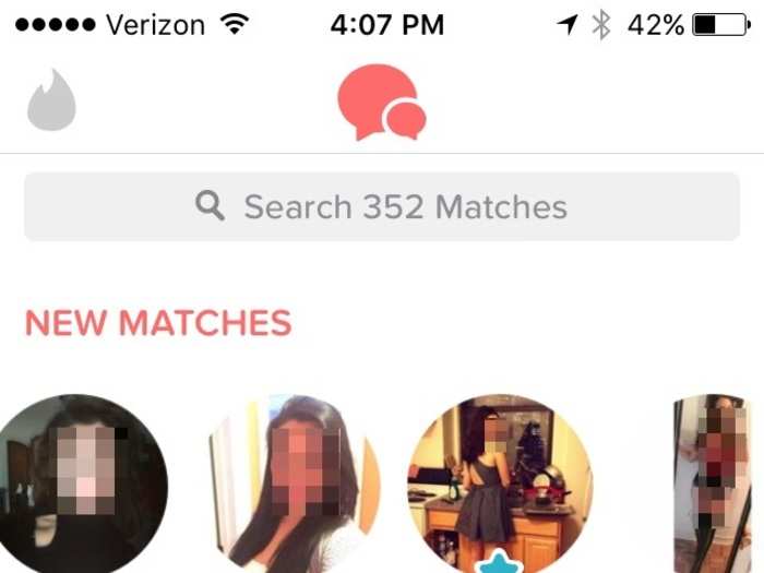 This is what the Tinder matches screen looks like. You can scroll through your matches on the top, while people you have messaged appear in a list. If you matched with someone after you "super liked" them, their name will have a little blue star next to it. The new Tinder interface is a lot clunkier for searching through matches you haven