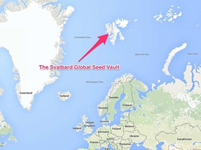 The vault is located on the remote island of Svalbard. At 430 feet above sea level, its flood-proof location will remain totally dry, even when ice caps melt.