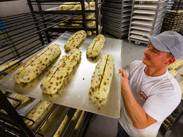 Germans often serve fruity Stollen cake, along with a mulled wine called Gluehwein. Stollen is traditionally baked to have a hump, symbolizing the humps of the camels that carried the wise men to see Jesus.