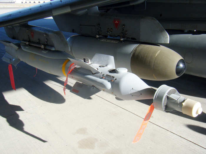 Paveway IV bombs are British-made bombs that can by dropped from the Eurofighter Typhoon aircraft. They combine laser guidance with GPS navigation to hit their target.