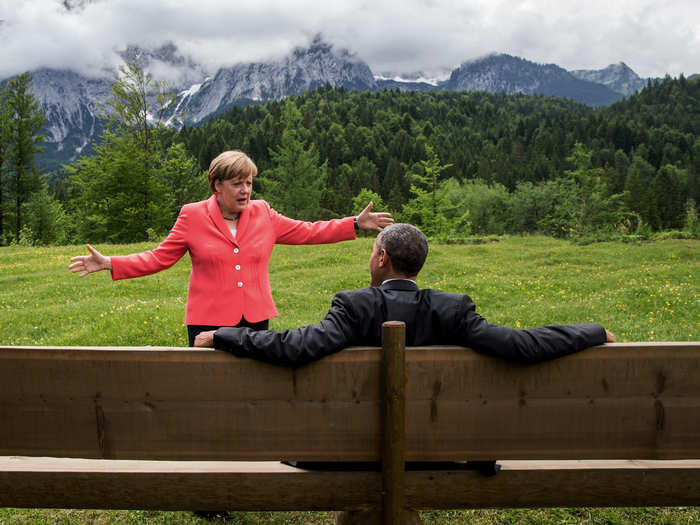 German chancellor Angela Merkel spoke with president Obama in southern Germany during the G-7 summit, on June 8, 2015. Both Merkel and Obama insisted that more economic sanctions should be placed on Russia.