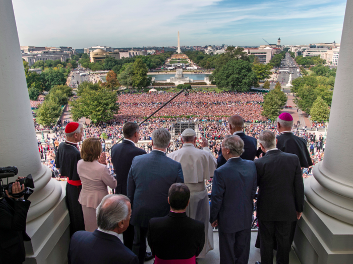 Pope Francis along with House and Senate leadership as well as local clergy gather on the balcony of the Speaker of the House on the west front of the US Capitol on September 24, 2015. It was the pontiff