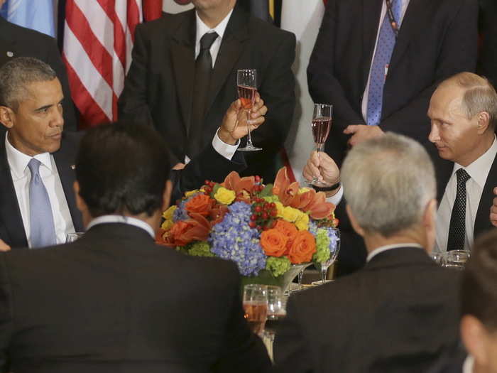 Despite longstanding tensions over the conflicts in Syria and Ukraine, Russian President Vladimir Putin and President Obama shared a perhaps-awkward toast during a luncheon at the opening of the United Nations General Assembly in New York on September 28, 2015.