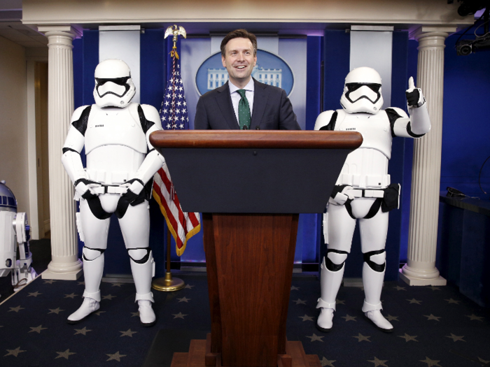 Star Wars was everywhere in late 2015. In this photo, A Start Wars Stormtrooper gives a thumbs up as White House Press Secretary Josh Earnest speaks from the rostrum after US President Barack Obama finished his end of the year news conference at the White House in Washington, DC on December 18, 2015.