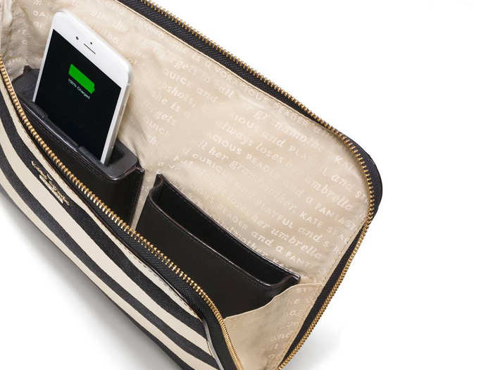 Everpurse teamed up with Kate Spade to make a line of handbags that will charge your iPhone on the go — no wires necessary. A "smart pocket" charging dock is included in the bag and can charge an iPhone of any size. The wristlet shown here costs $198.