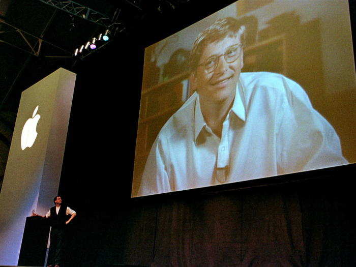 When Steve Jobs came back to Apple as CEO in 1997, the company was in such bad shape that his first Macworld keynote included the news that Microsoft was investing $150 million in the company — delivered by a gigantic video of Bill Gates towering over the assembly. "We need all the help we can get," Jobs said, to boos from the audience.