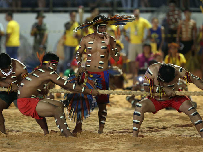 BRAZIL: Members of the Brazilian Bororo people participate in a game of tug of war at the first ever World Indigenous Games, held in the Brazilian city of Palmas in late October 2015.