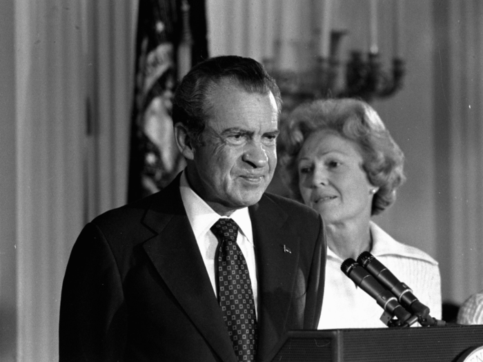 In this photo, a glassy-eyed Nixon delivers a final speech for White House staff and members of his cabinet.