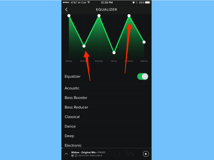 You can also adjust the bass (two on left), mids (two in middle), and treble (two on right) levels manually by tapping and dragging the little white dots if you