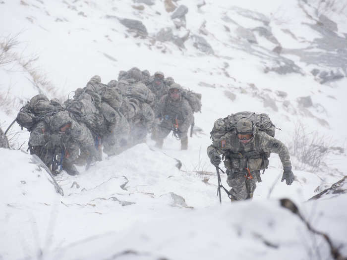 February 19: Soldiers attending the U.S. Army Mountain Warfare School in Jericho, Vt., climb Smugglers