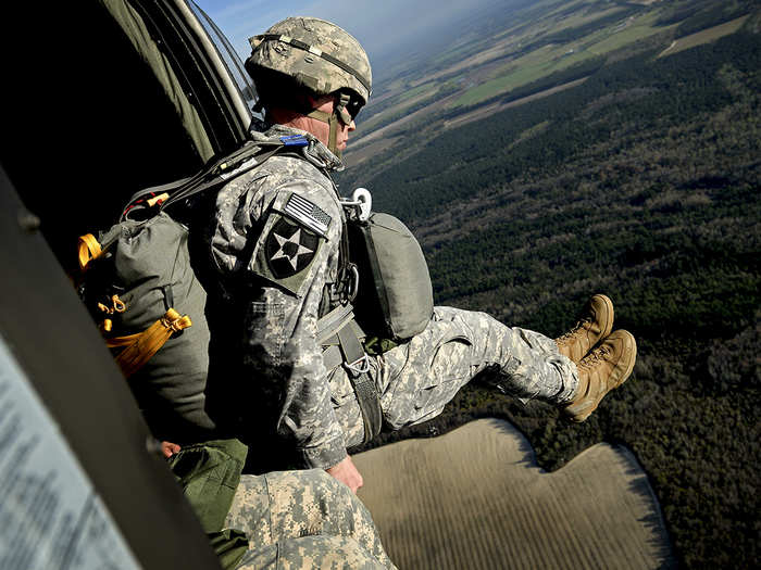 March 20: U.S. Army Maj. Stewart Brown, 55th Signal Company, jumps from a UH-60 Black Hawk from 1st Battalion, 171st Aviation Regiment, during airborne operations at Plantation Airpark, Sylvania, Ga. Operation Skyfall is a joint, multilateral combat camera subject matter expert exchange, hosted by the 982nd Combat Camera Company, which takes place at multiple locations in Georgia.