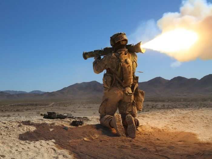 June 1: A U.S. Army Soldier, assigned to 1st Brigade, 1st Armored Division, fires a M136 AT4 during Decisive Action Rotation 15-08 at the National Training Center, Fort Irwin, Calif.