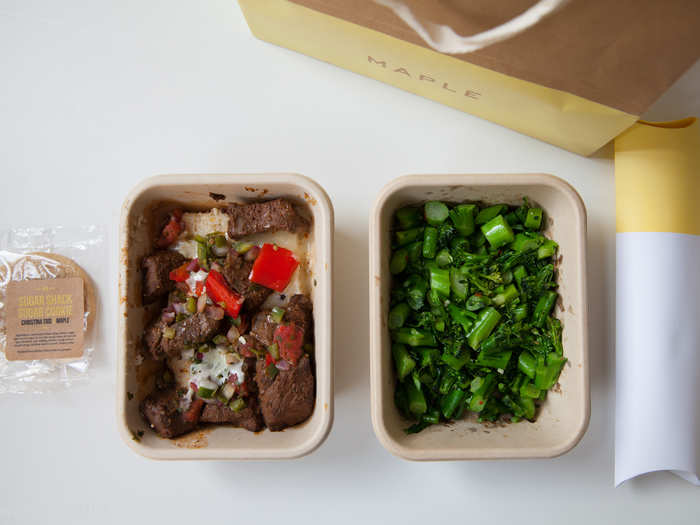 My carne asada and cheddar sopes, served with broccolini, arrived still warm. The meat was a little tough to cut (plastic cutlery can be a pain), but the flavors were fresh, zingy, and definitely a nice switch-up from a basic salad or sandwich. The portion was very filling, too.