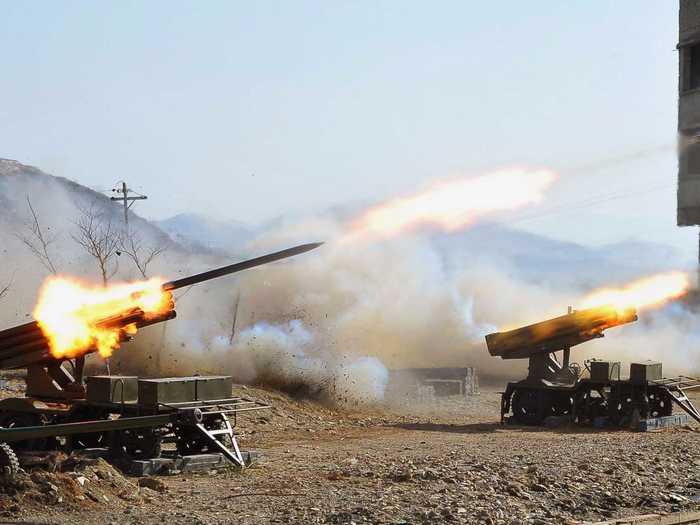 Some systems, like the 240mm multiple rocket launchers pictured, even have the capacity to hit Seoul, the south