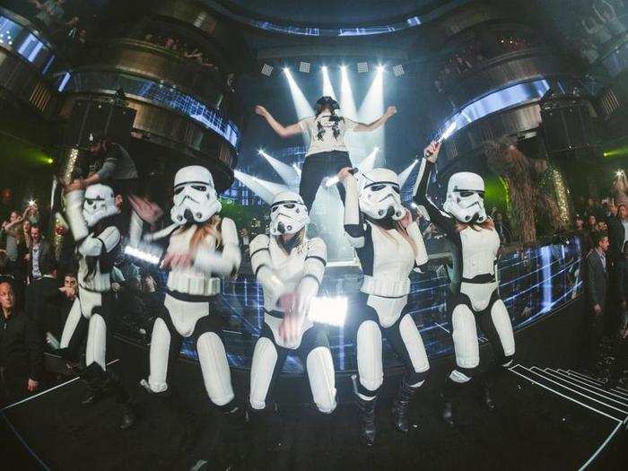 Dancers dressed as Stormtroopers and a flying Darth Vader were present.