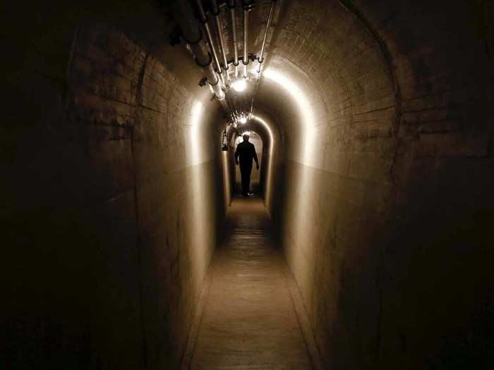 A tunnel connects the bunkers at the Faulensee artillery fort.