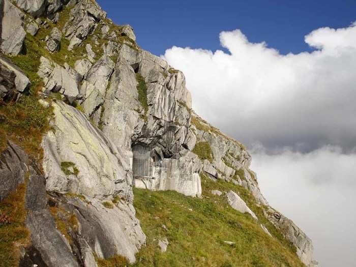 At the Sasso da Pigna artillery fortress, the muzzle of a 15cm gun disappears into the mountainside. Built in 1941, the fortress is up 6,909 feet on the St. Gotthard mountain pass. It remained in military use until 1999. In 2012, it was opened to the public as a museum.