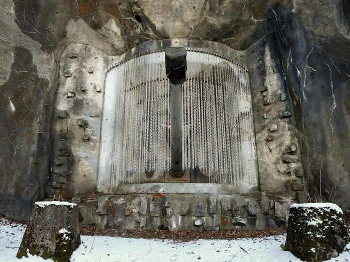 At the fort of Furggels near the village of St. Magrethenberg, the muzzle of a 15cm gun peeks out of the bunker. Artillery fort Furggels was in military use from 1946 to 1998 and is now open to the public as a museum.