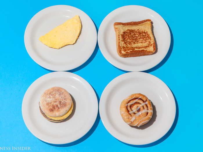 We began by tasting a few of the breakfast items — all of which needed to be microwaved for preparation. Here are the items we tried: