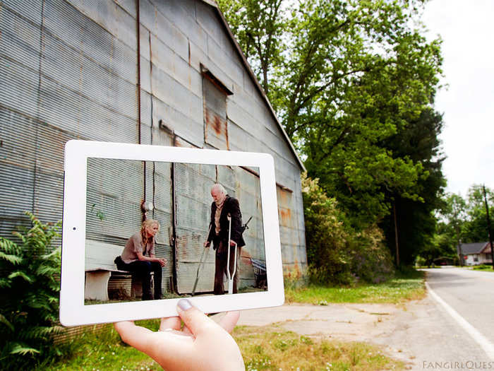 This pic of Andrea and Hershel is taken outside the barn where Rick met The Governor in season three.