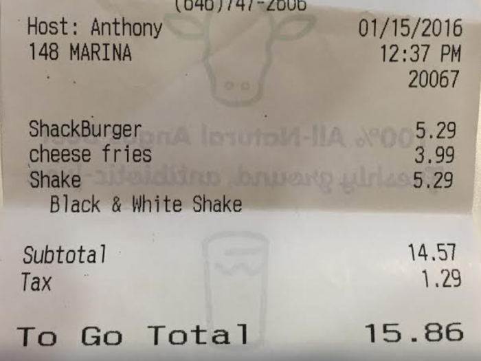 Half an hour later, I made it to the front of the line. Although tempted by the chicken sandwich, I ordered a classic Shackburger, cheese fries, and a black-and-white shake for $15.86. Not cheap compared to other burger joints I