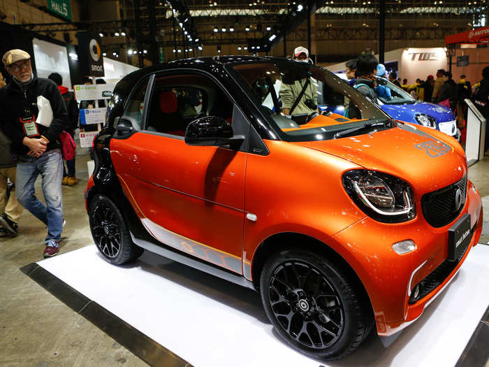 Mercedes-Benz displayed their smart fortwo edition 1 car, which comes with a panoramic sunroof, rear park assist, and a smart radio.