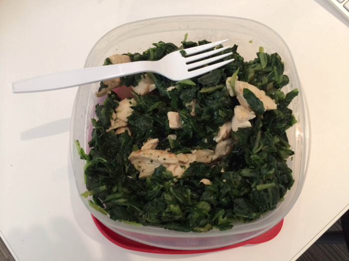 For lunch, I had steamed spinach and grilled chicken. Equally sad.