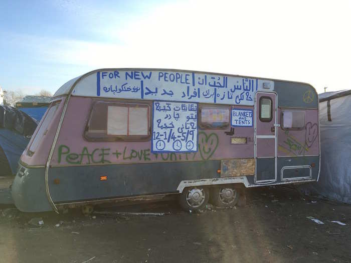 The "Pink Caravan" is where a volunteer from Help Refugees sleeps every night in order to give people who arrive to the camp in the middle of the night a tent and some blankets.