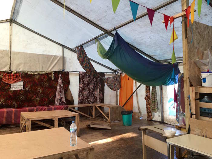 The part of the Ashram communal kitchen where refugees can sit down and eat.