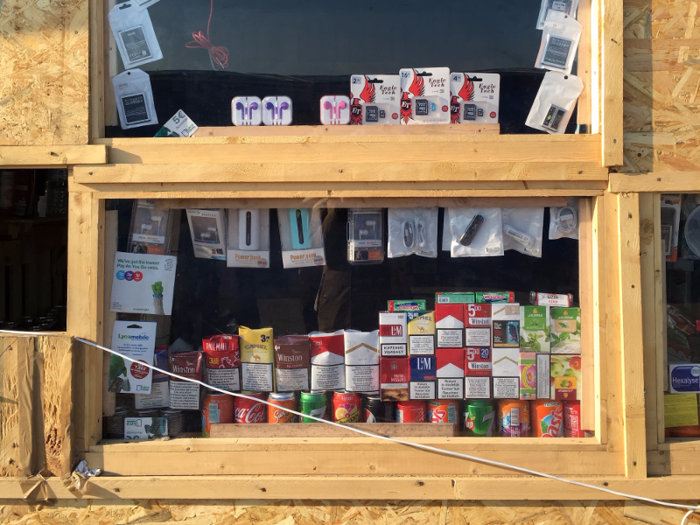 The shops sell things often found in corner shops: cigarettes, headphones, batteries, drinks and some small things to eat.