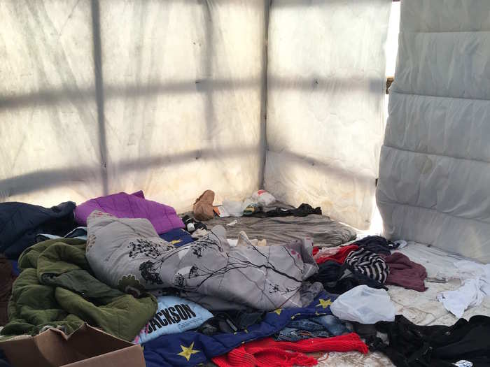 The inside of one of the only shelters that had not been moved out of the zone the French authorities are bulldozing.