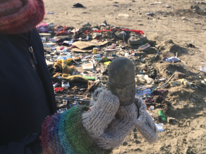 One of the rubber bullets the French police fired at the refugees during clashes.