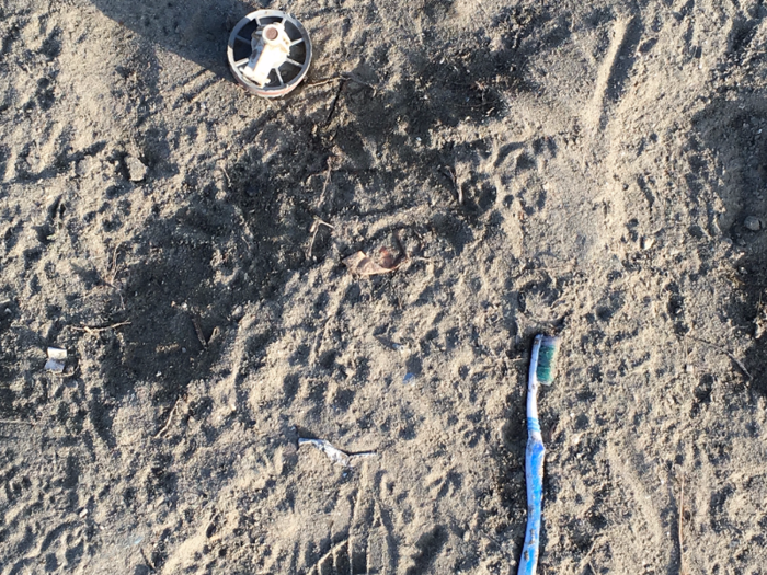 A toothbrush that was left behind during the move from one area to the other and the top of a tear gas canister.