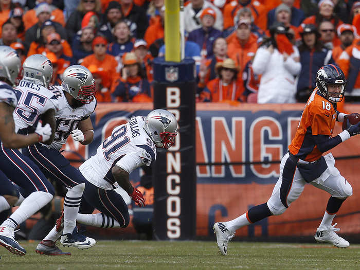 The Patriots were chasing Manning all game but did not get to him very often.