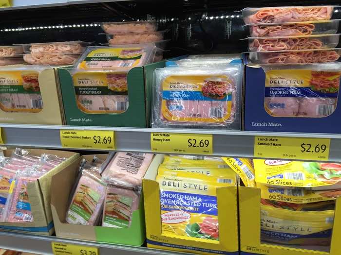 Aldi sells lunch meat, but there are no deli or bakery counters.