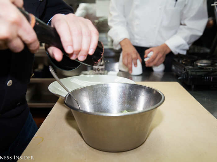 The ingredients are all combined in a bowl, a little salt is added, and they are mixed before being prepped for plating. Portale will often give the staff five to six fish substitutions to work with depending on the country they will be flying out from. Luckily, this particular dish doesn