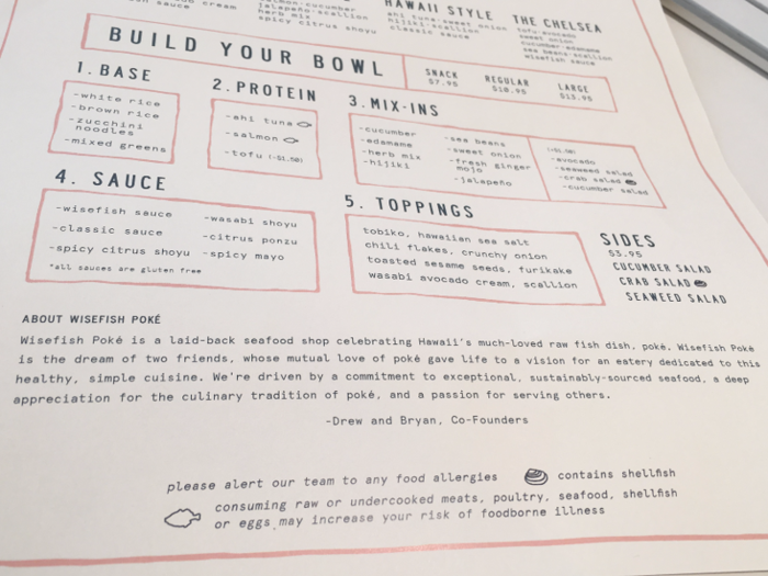 The menu features a little message from founders Drew Crane and Bryan Cowan, saying the restaurant is "the dream of two friends, whose mutual love of poké gave life to a vision for an eatery dedicated to this healthy, simple, cuisine."