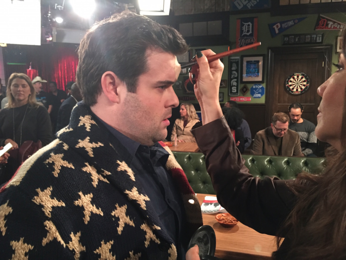 4:40 p.m. PT: David Fynn (Brett) gets last minute touch ups before the show.