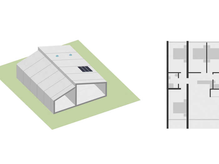 This floor plan shows a 4-bedroom unit. The "Gomos" system is flexible, allowing for more or fewer modules to be put in place to adapt to any desired floor plan.