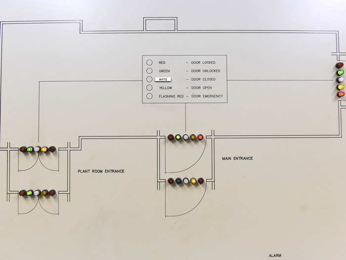 No doomsday structure would be complete without a control room. From here, all exterior doors can be remotely controlled.