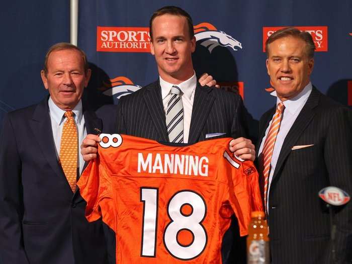 A free agent for the first time, Manning ultimately signed a 5-year, $96 million contract with the Denver Broncos with no signing bonus and only $18 million guaranteed.