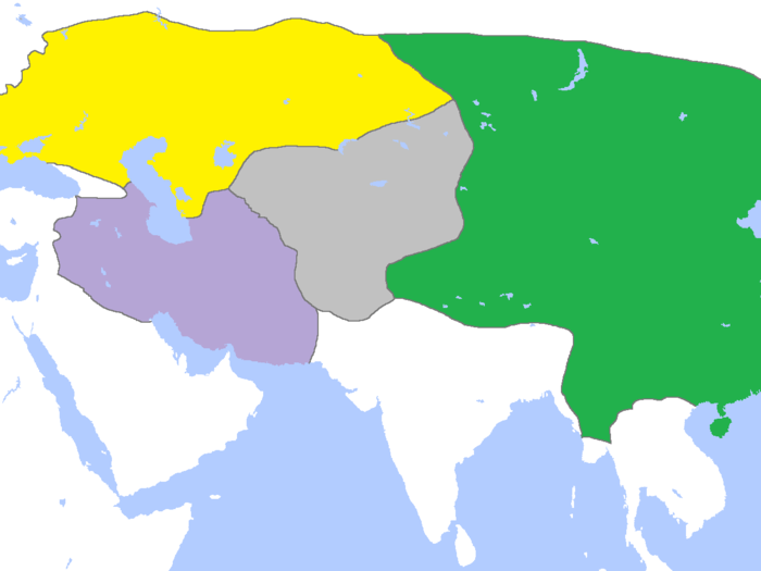 The Mongol Empire spanned 12.7 million square miles at its peak in 1279, spanning from the Sea of Japan to Eastern Europe, but it disintegrated into competing entities at about 1368.